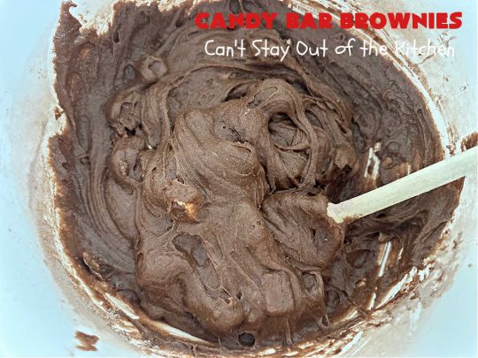 Candy Bar Brownies | Can't Stay Out of the Kitchen | these scrumptious #brownies are filled with #SnickersBars & #HersheysChocolateBars so they have triple the #chocolate flavor. Rich, decadent & heavenly, these #CandyBarBrownies will rock your world! You'll be swooning over every delicious bite! #tailgating #ChocolateDessert #SnickersDessert #HersheysDessert #Hersheys #CandyBars