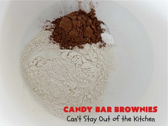 Candy Bar Brownies | Can't Stay Out of the Kitchen | these scrumptious #brownies are filled with #SnickersBars & #HersheysChocolateBars so they have triple the #chocolate flavor. Rich, decadent & heavenly, these #CandyBarBrownies will rock your world! You'll be swooning over every delicious bite! #tailgating #ChocolateDessert #SnickersDessert #HersheysDessert #Hersheys #CandyBars