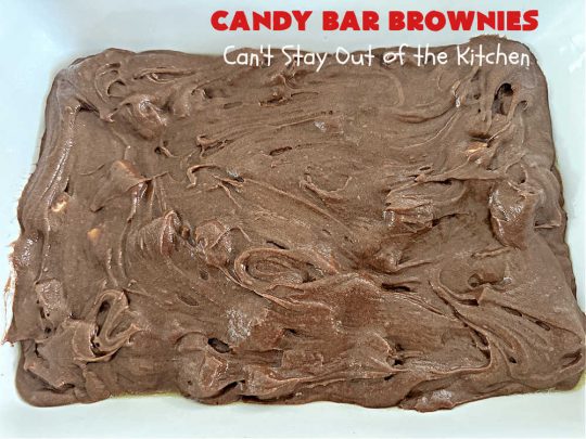 Candy Bar Brownies | Can't Stay Out of the Kitchen | these scrumptious #brownies are filled with #SnickersBars & #HersheysChocolateBars so they have triple the #chocolate flavor. Rich, decadent & heavenly, these #CandyBarBrownies will rock your world! You'll be swooning over every delicious bite! #tailgating #ChocolateDessert #SnickersDessert #HersheysDessert #Hersheys #CandyBars