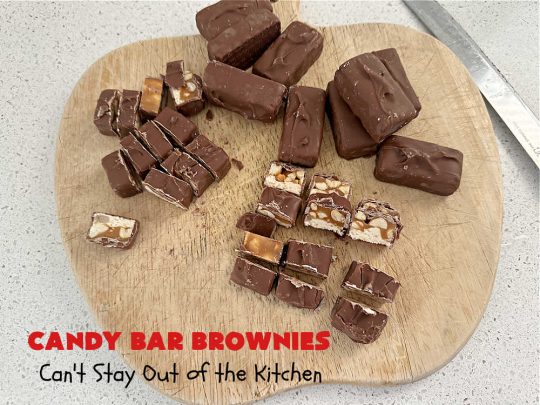 Candy Bar Brownies | Can't Stay Out of the Kitchen | these scrumptious #brownies are filled with #SnickersBars & #HersheysChocolateBars so they have triple the #chocolate flavor. Rich, decadent & heavenly, these #CandyBarBrownies will rock your world! You'll be swooning over every delicious bite! #tailgating #ChocolateDessert #SnickersDessert #HersheysDessert #Hersheys #CandyBars