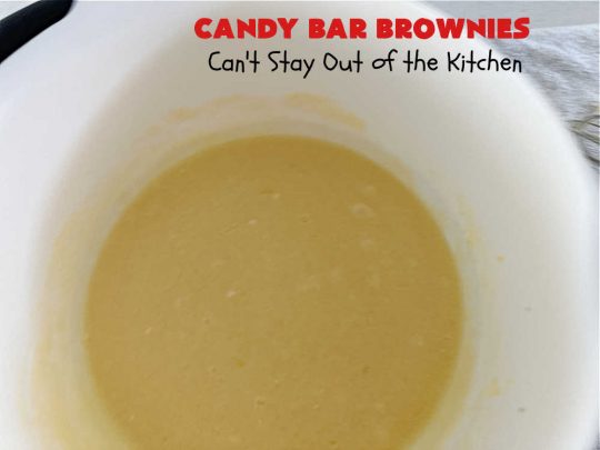 Candy Bar Brownies | Can't Stay Out of the Kitchen | these scrumptious #brownies are filled with #SnickersBars & #HersheysChocolateBars so they have triple the #chocolate flavor. Rich, decadent & heavenly, these #CandyBarBrownies will rock your world! You'll be swooning over every delicious bite! #tailgating #ChocolateDessert #SnickersDessert #HersheysDessert #Hersheys #CandyBars