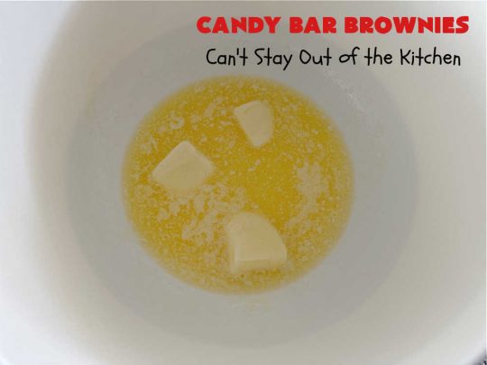 Candy Bar Brownies | Can't Stay Out of the Kitchen | these scrumptious #brownies are filled with #SnickersBars & #HersheysChocolateBars so they have triple the #chocolate flavor. Rich, decadent & heavenly, these #CandyBarBrownies will rock your world! You'll be swooning over every delicious bite! #tailgating #ChocolateDessert #SnickersDessert #HersheysDessert #Hersheys #CandyBars