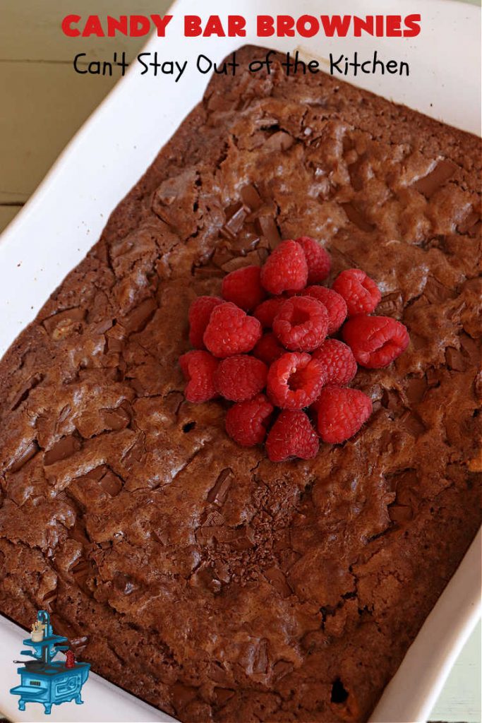 Candy Bar Brownies | Can't Stay Out of the Kitchen | these scrumptious #brownies are filled with #SnickersBars & #HersheysChocolateBars so they have triple the #chocolate flavor. Rich, decadent & heavenly, these #CandyBarBrownies will rock your world! You'll be swooning over every delicious bite! #tailgating #ChocolateDessert #SnickersDessert #HersheysDessert #Hersheys #CandyBars