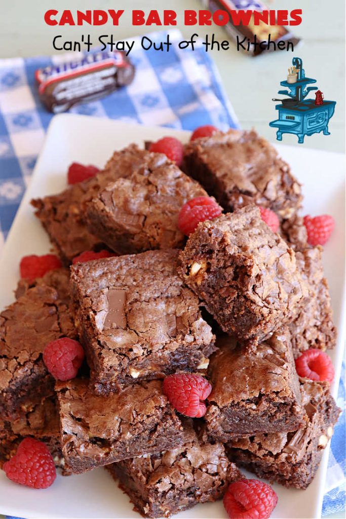 Candy Bar Brownies | Can't Stay Out of the Kitchen | these scrumptious #brownies are filled with #SnickersBars & #HersheysChocolateBars so they have triple the #chocolate flavor. Rich, decadent & heavenly, these #CandyBarBrownies will rock your world! You'll be swooning over every delicious bite! #tailgating #ChocolateDessert #SnickersDessert #HersheysDessert #Hersheys #CandyBars