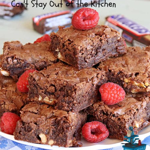 Candy Bar Brownies | Can't Stay Out of the Kitchen | these scrumptious #brownies are filled with #SnickersBars & #HersheysChocolateBars so they have triple the #chocolate flavor. Rich, decadent & heavenly, these #CandyBarBrownies will rock your world! You'll be swooning over every delicious bite! #tailgating #ChocolateDessert #SnickersDessert #HersheysDessert #Hersheys #CandyBars