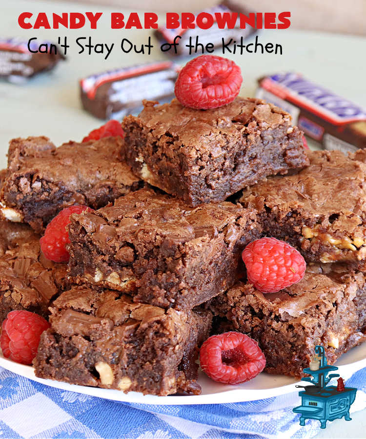 Candy Bar Brownies | Can't Stay Out of the Kitchen | these scrumptious #brownies are filled with #SnickersBars & #HersheysChocolateBars so they have triple the #chocolate flavor. Rich, decadent & heavenly, these #CandyBarBrownies will rock your world! You'll be swooning over every delicious bite! #tailgating #ChocolateDessert #SnickersDessert #HersheysDessert #Hersheys #CandyBars