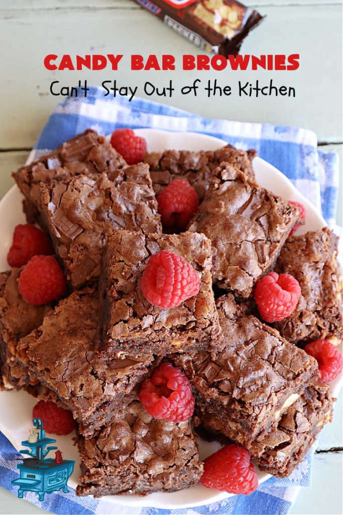 Candy Bar Brownies | Can't Stay Out of the Kitchen | these scrumptious #brownies are filled with #SnickersBars & #HersheysChocolateBars so they have triple the #chocolate flavor. Rich, decadent & heavenly, these #CandyBarBrownies will rock your world! You'll be swooning over every delicious bite! #tailgating #ChocolateDessert #SnickersDessert #HersheysDessert #Hersheys #CandyBars