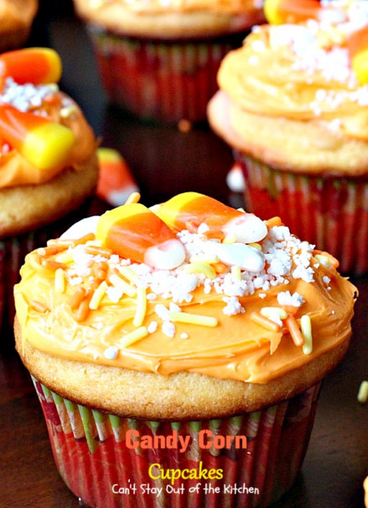 Candy Corn Cupcakes | Can't Stay Out of the Kitchen | these adorable #cupcakes are made with #candycorns and are a great way to use up leftover #Halloween candy! #dessert