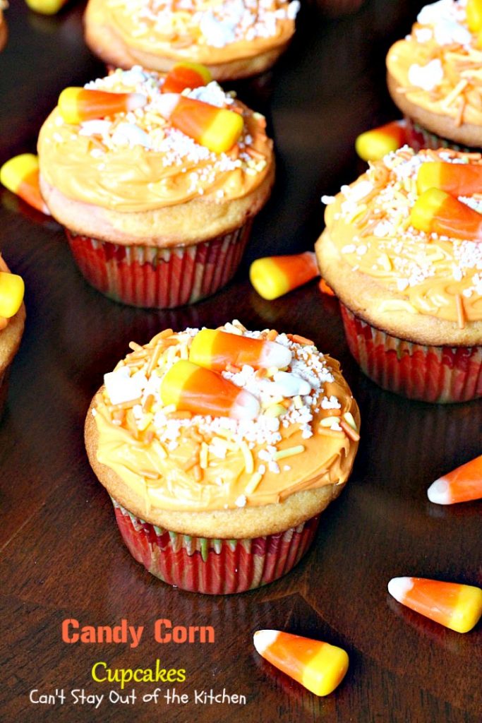 Candy Corn Cupcakes | Can't Stay Out of the Kitchen | these adorable #cupcakes are made with #candycorns and are a great way to use up leftover #Halloween candy! #dessert