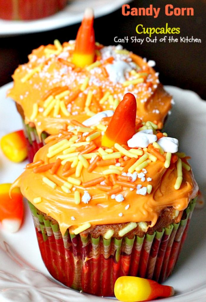 Candy Corn Cupcakes | Can't Stay Out of the Kitchen | these adorable #cupcakes are made with #candycorns and are a great way to use up leftover #Halloween candy! #dessert