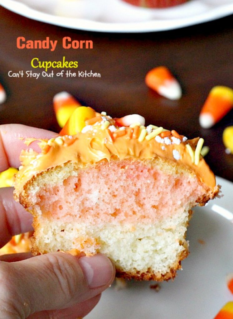 Candy Corn Cupcakes | Can't Stay Out of the Kitchen | these adorable #cupcakes are made with #candycorns and are a great way to use up leftover #Halloween candy! #dessert