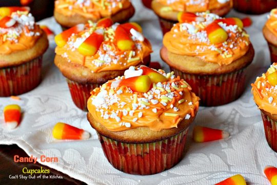 Candy Corn Cupcakes | Can't Stay Out of the Kitchen | these adorable #cupcakes are made with #candycorns and are a great way to use up leftover #Halloween candy! #dessert