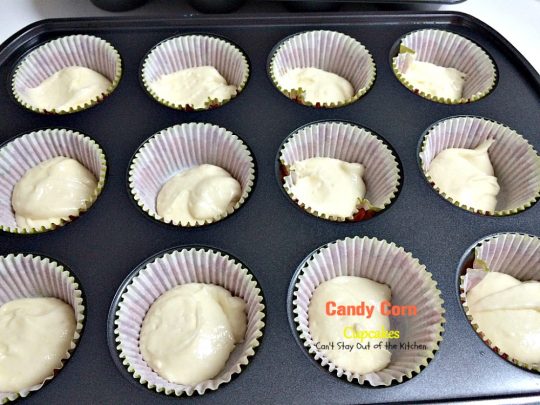 Candy Corn Cupcakes | Can't Stay Out of the Kitchen | these adorable #cupcakes are made with #candycorns and are a great way to use up leftover #Halloween candy! #dessert