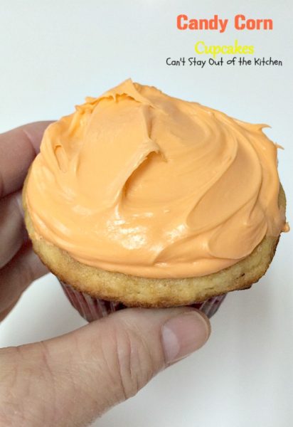 Candy Corn Cupcakes | Can't Stay Out of the Kitchen | these adorable #cupcakes are made with #candycorns and are a great way to use up leftover #Halloween candy! #dessert