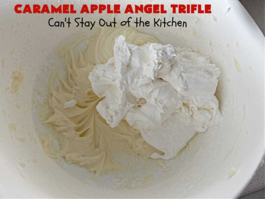 Caramel Apple Angel Trifle | Can't Stay Out of the Kitchen | You'll swoon over the outrageous taste of #CaramelApples in this fabulous #5Ingredient #dessert! It's so easy to whip up & perfect for company, special occasions or #holiday dinners. Every bite will have you drooling! #apples #AppleDessert #CaramelAppleAngelDessert #CreamCheese #CaramelAppleAngelTrifle #AngelFoodCake