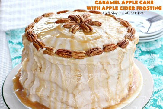 Caramel Apple Cake with Apple Cider Frosting | Can't Stay Out of the Kitchen | this heavenly #cake is rich, decadent & divine! It uses #caramel sauce in the cake & drizzled over the frosting. Absolutely mouthwatering! #dessert #apple