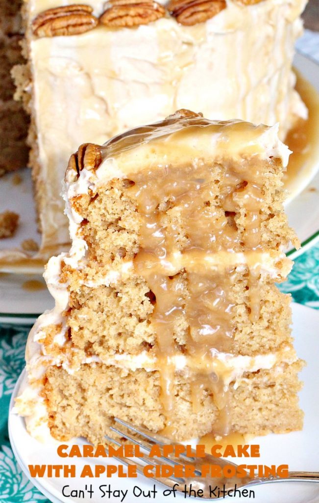 Caramel Apple Cake with Apple Cider Frosting | Can't Stay Out of the Kitchen | this heavenly #cake is rich, decadent & divine! It uses #caramel sauce in the cake & drizzled over the frosting. Absolutely mouthwatering! #dessert #apple
