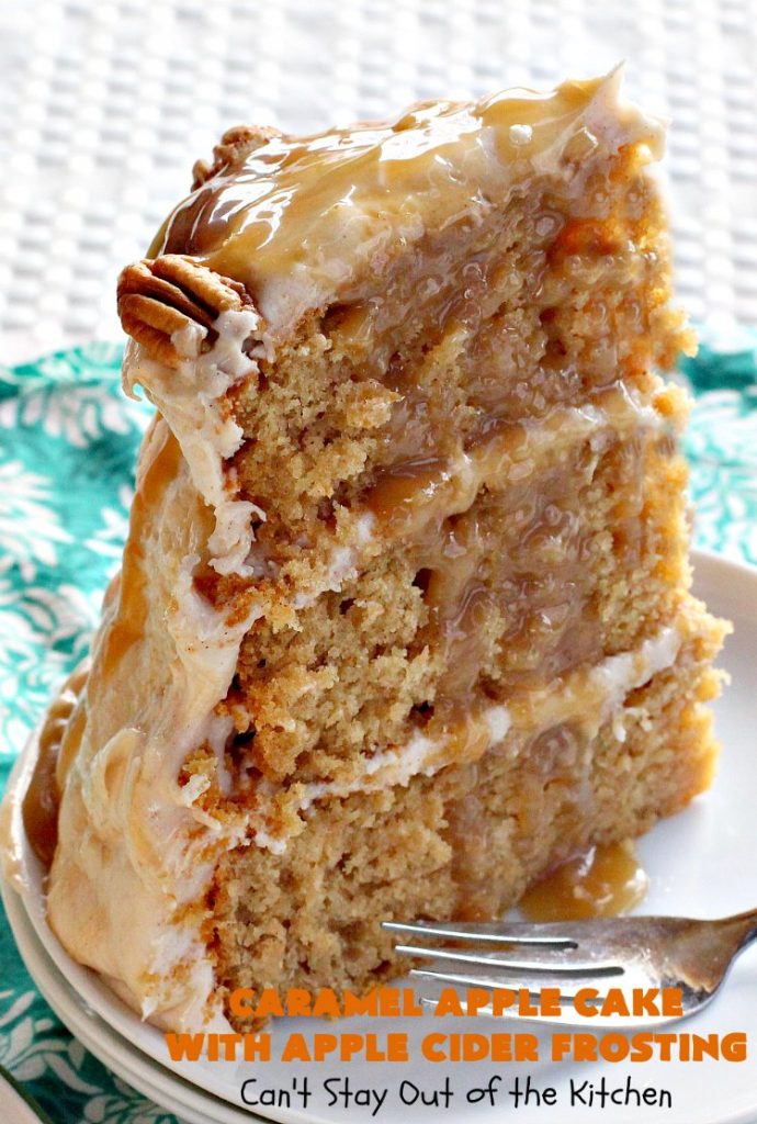 Caramel Apple Cake with Apple Cider Frosting | Can't Stay Out of the Kitchen | this heavenly #cake is rich, decadent & divine! It uses #caramel sauce in the cake & drizzled over the frosting. Absolutely mouthwatering! #dessert #apple