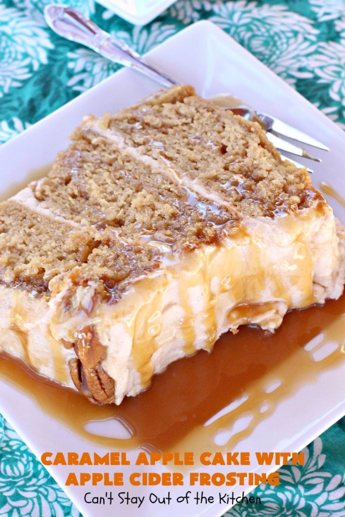 Caramel Apple Cake with Apple Cider Frosting | Can't Stay Out of the Kitchen | this heavenly #cake is rich, decadent & divine! It uses #caramel sauce in the cake & drizzled over the frosting. Absolutely mouthwatering! #dessert #apple