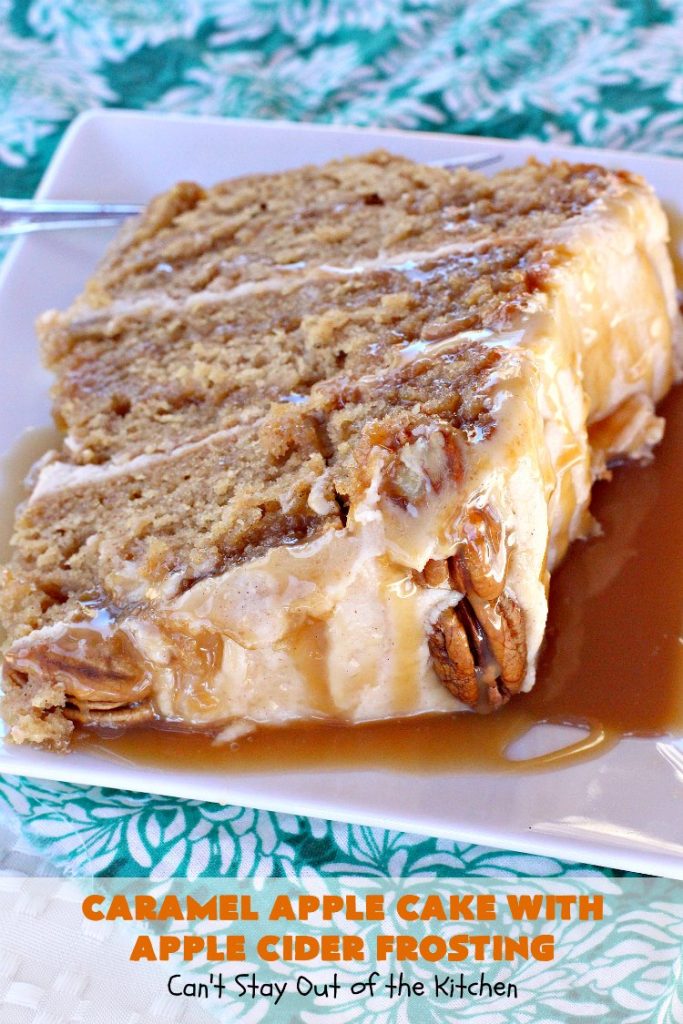 Caramel Apple Cake with Apple Cider Frosting | Can't Stay Out of the Kitchen | this heavenly #cake is rich, decadent & divine! It uses #caramel sauce in the cake & drizzled over the frosting. Absolutely mouthwatering! #dessert #apple