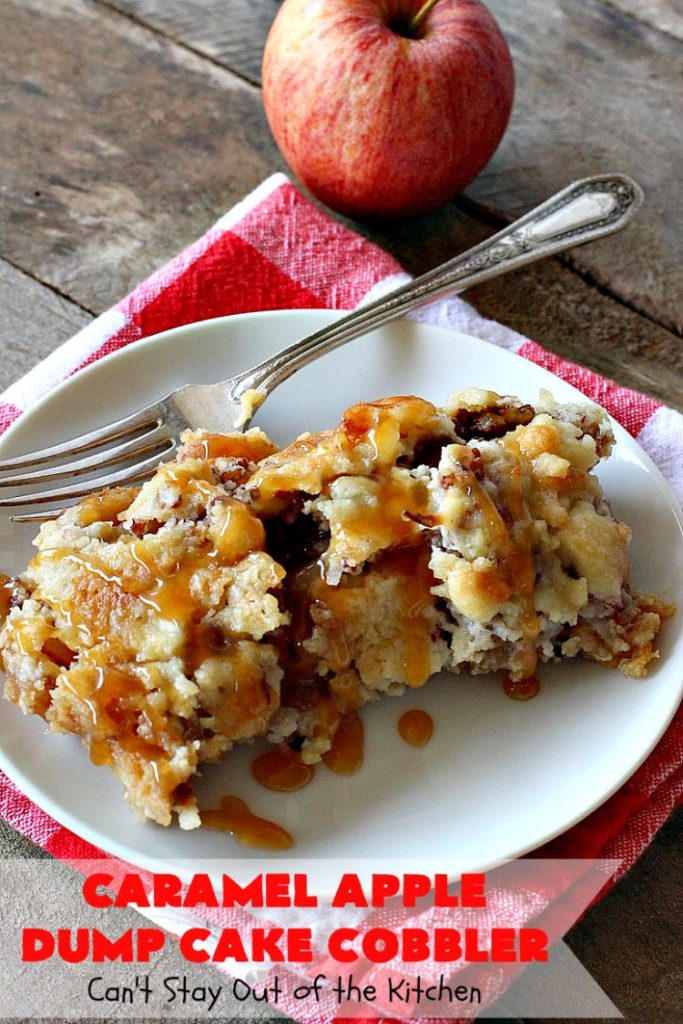 Caramel Apple Dump Cake Cobbler | Can't Stay Out of the Kitchen | this fantastic #cobbler uses only 5 ingredients & can be oven ready in 5 minutes! It's perfect for summer #holiday fun, potlucks, backyard Barbecues or #FathersDay. #dessert #dumpcake #apples #caramelapples