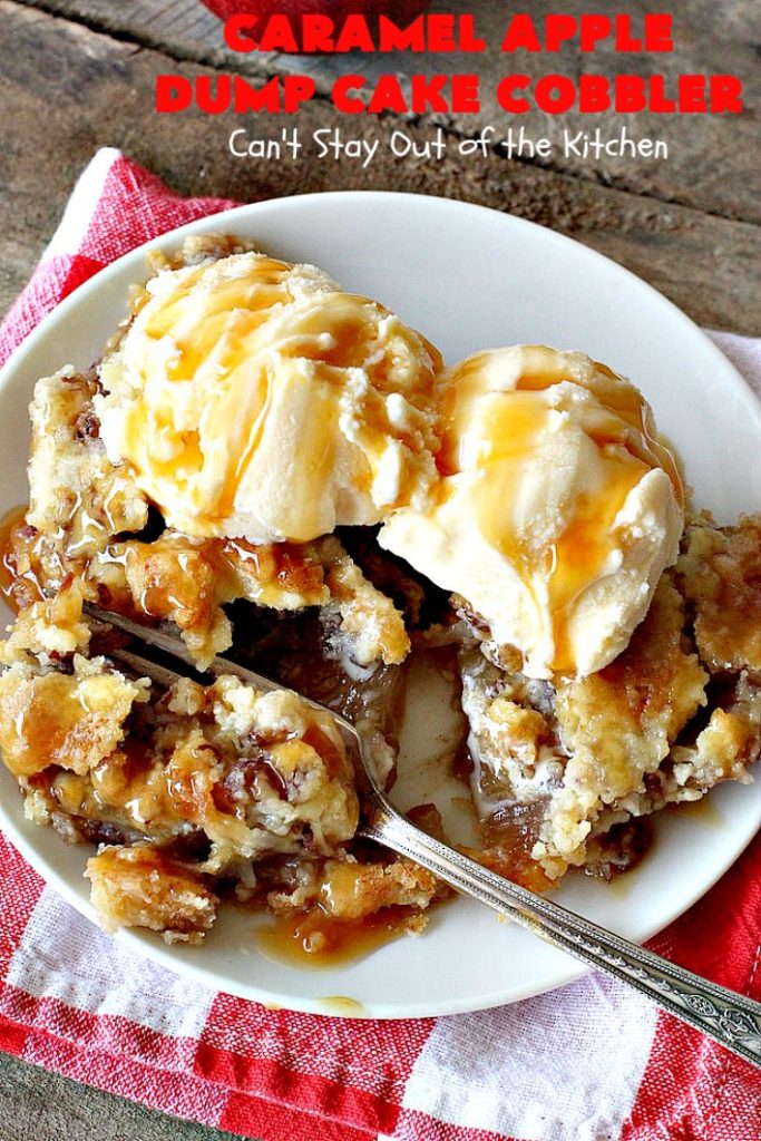 Caramel Apple Dump Cake Cobbler | Can't Stay Out of the Kitchen | this fantastic #cobbler uses only 5 ingredients & can be oven ready in 5 minutes! It's perfect for summer #holiday fun, potlucks, backyard Barbecues or #FathersDay. #dessert #dumpcake #apples #caramelapples
