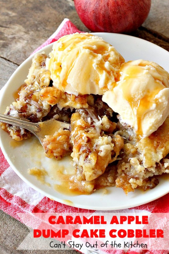 Caramel Apple Dump Cake Cobbler | Can't Stay Out of the Kitchen | this fantastic #cobbler uses only 5 ingredients & can be oven ready in 5 minutes! It's perfect for summer #holiday fun, potlucks, backyard Barbecues or #FathersDay. #dessert #dumpcake #apples #caramelapples
