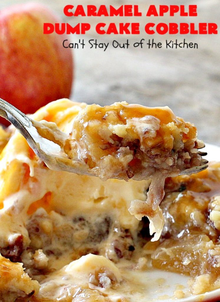 Caramel Apple Dump Cake Cobbler | Can't Stay Out of the Kitchen | this fantastic #cobbler uses only 5 ingredients & can be oven ready in 5 minutes! It's perfect for summer #holiday fun, potlucks, backyard Barbecues or #FathersDay. #dessert #dumpcake #apples #caramelapples