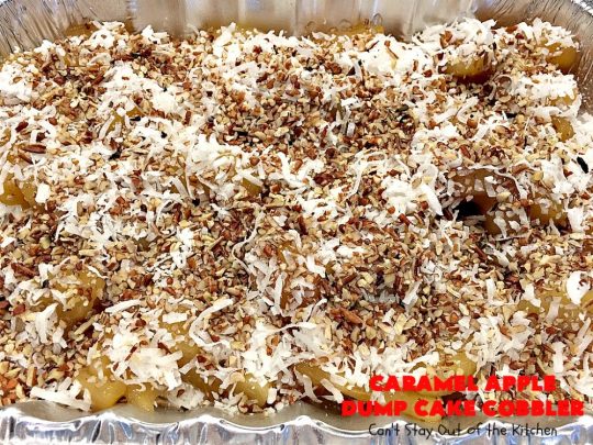 Caramel Apple Dump Cake Cobbler | Can't Stay Out of the Kitchen | this fantastic #cobbler uses only 5 ingredients & can be oven ready in 5 minutes! It's perfect for summer #holiday fun, potlucks, backyard Barbecues or #FathersDay. #dessert #dumpcake #apples #caramelapples
