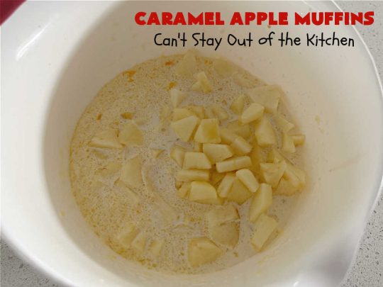 Caramel Apple Muffins | Can't Stay Out of the Kitchen | these luscious #muffins have a surprise ingredient in the middle--#caramels! They burst with flavor & are rich, decadent & heavenly for a weekend, company or #holiday #breakfast. #apples #streusel #HolidayBreakfast #CaramelApples #CaramelAppleMuffins