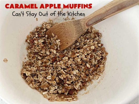 Caramel Apple Muffins | Can't Stay Out of the Kitchen | these luscious #muffins have a surprise ingredient in the middle--#caramels! They burst with flavor & are rich, decadent & heavenly for a weekend, company or #holiday #breakfast. #apples #streusel #HolidayBreakfast #CaramelApples #CaramelAppleMuffins