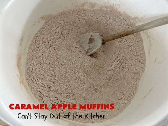 Caramel Apple Muffins | Can't Stay Out of the Kitchen | these luscious #muffins have a surprise ingredient in the middle--#caramels! They burst with flavor & are rich, decadent & heavenly for a weekend, company or #holiday #breakfast. #apples #streusel #HolidayBreakfast #CaramelApples #CaramelAppleMuffins