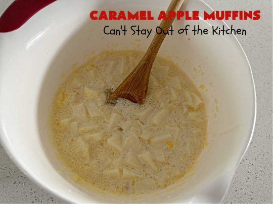Caramel Apple Muffins | Can't Stay Out of the Kitchen | these luscious #muffins have a surprise ingredient in the middle--#caramels! They burst with flavor & are rich, decadent & heavenly for a weekend, company or #holiday #breakfast. #apples #streusel #HolidayBreakfast #CaramelApples #CaramelAppleMuffins