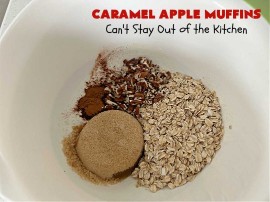 Caramel Apple Muffins | Can't Stay Out of the Kitchen | these luscious #muffins have a surprise ingredient in the middle--#caramels! They burst with flavor & are rich, decadent & heavenly for a weekend, company or #holiday #breakfast. #apples #streusel #HolidayBreakfast #CaramelApples #CaramelAppleMuffins