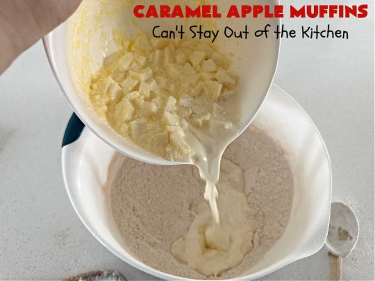 Caramel Apple Muffins | Can't Stay Out of the Kitchen | these luscious #muffins have a surprise ingredient in the middle--#caramels! They burst with flavor & are rich, decadent & heavenly for a weekend, company or #holiday #breakfast. #apples #streusel #HolidayBreakfast #CaramelApples #CaramelAppleMuffins