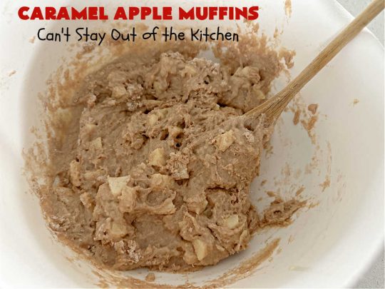 Caramel Apple Muffins | Can't Stay Out of the Kitchen | these luscious #muffins have a surprise ingredient in the middle--#caramels! They burst with flavor & are rich, decadent & heavenly for a weekend, company or #holiday #breakfast. #apples #streusel #HolidayBreakfast #CaramelApples #CaramelAppleMuffins