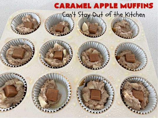 Caramel Apple Muffins | Can't Stay Out of the Kitchen | these luscious #muffins have a surprise ingredient in the middle--#caramels! They burst with flavor & are rich, decadent & heavenly for a weekend, company or #holiday #breakfast. #apples #streusel #HolidayBreakfast #CaramelApples #CaramelAppleMuffins