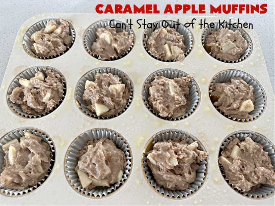 Caramel Apple Muffins | Can't Stay Out of the Kitchen | these luscious #muffins have a surprise ingredient in the middle--#caramels! They burst with flavor & are rich, decadent & heavenly for a weekend, company or #holiday #breakfast. #apples #streusel #HolidayBreakfast #CaramelApples #CaramelAppleMuffins