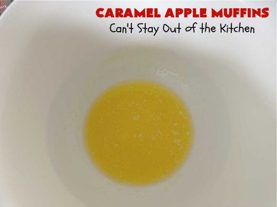 Caramel Apple Muffins | Can't Stay Out of the Kitchen | these luscious #muffins have a surprise ingredient in the middle--#caramels! They burst with flavor & are rich, decadent & heavenly for a weekend, company or #holiday #breakfast. #apples #streusel #HolidayBreakfast #CaramelApples #CaramelAppleMuffins