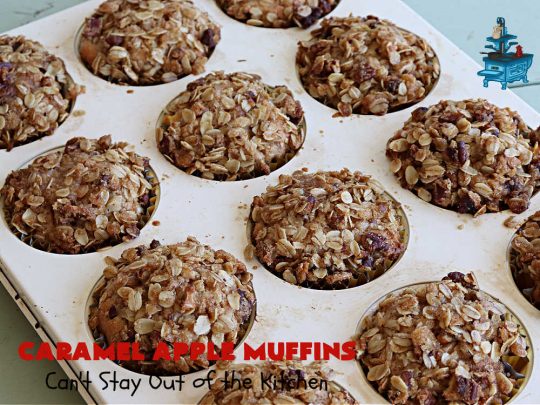 Caramel Apple Muffins | Can't Stay Out of the Kitchen | these luscious #muffins have a surprise ingredient in the middle--#caramels! They burst with flavor & are rich, decadent & heavenly for a weekend, company or #holiday #breakfast. #apples #streusel #HolidayBreakfast #CaramelApples #CaramelAppleMuffins