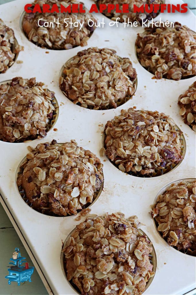 Caramel Apple Muffins | Can't Stay Out of the Kitchen | these luscious #muffins have a surprise ingredient in the middle--#caramels! They burst with flavor & are rich, decadent & heavenly for a weekend, company or #holiday #breakfast. #apples #streusel #HolidayBreakfast #CaramelApples #CaramelAppleMuffins