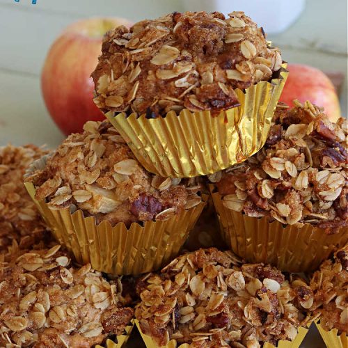 Caramel Apple Muffins | Can't Stay Out of the Kitchen | these luscious #muffins have a surprise ingredient in the middle--#caramels! They burst with flavor & are rich, decadent & heavenly for a weekend, company or #holiday #breakfast. #apples #streusel #HolidayBreakfast #CaramelApples #CaramelAppleMuffins