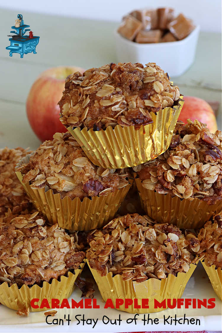 Caramel Apple Muffins | Can't Stay Out of the Kitchen | these luscious #muffins have a surprise ingredient in the middle--#caramels! They burst with flavor & are rich, decadent & heavenly for a weekend, company or #holiday #breakfast. #apples #streusel #HolidayBreakfast #CaramelApples #CaramelAppleMuffins