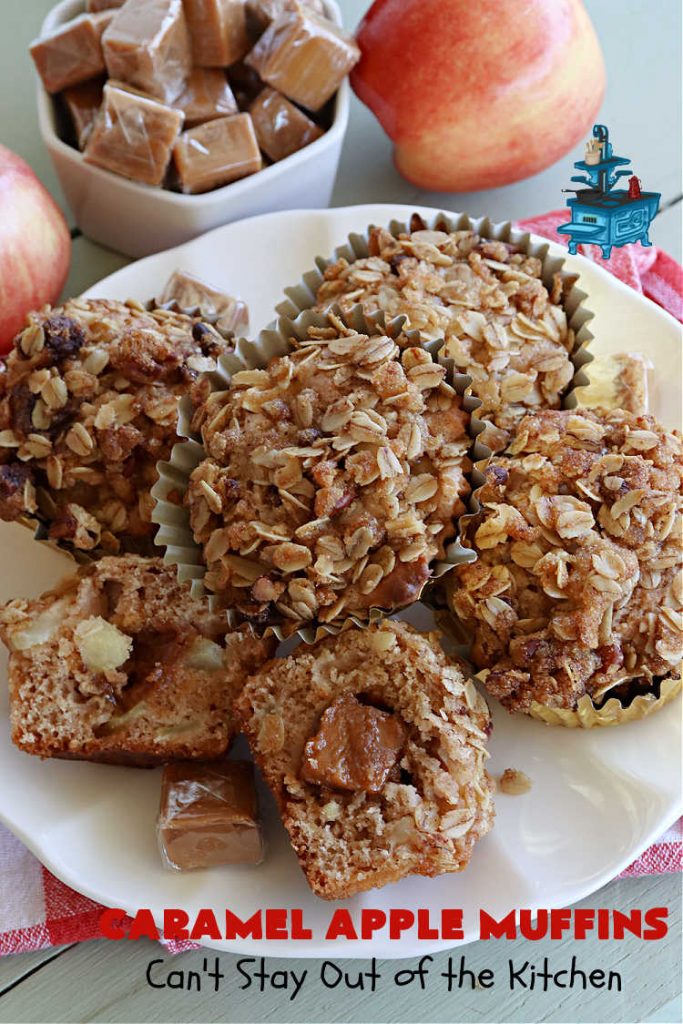 Caramel Apple Muffins | Can't Stay Out of the Kitchen | these luscious #muffins have a surprise ingredient in the middle--#caramels! They burst with flavor & are rich, decadent & heavenly for a weekend, company or #holiday #breakfast. #apples #streusel #HolidayBreakfast #CaramelApples #CaramelAppleMuffins