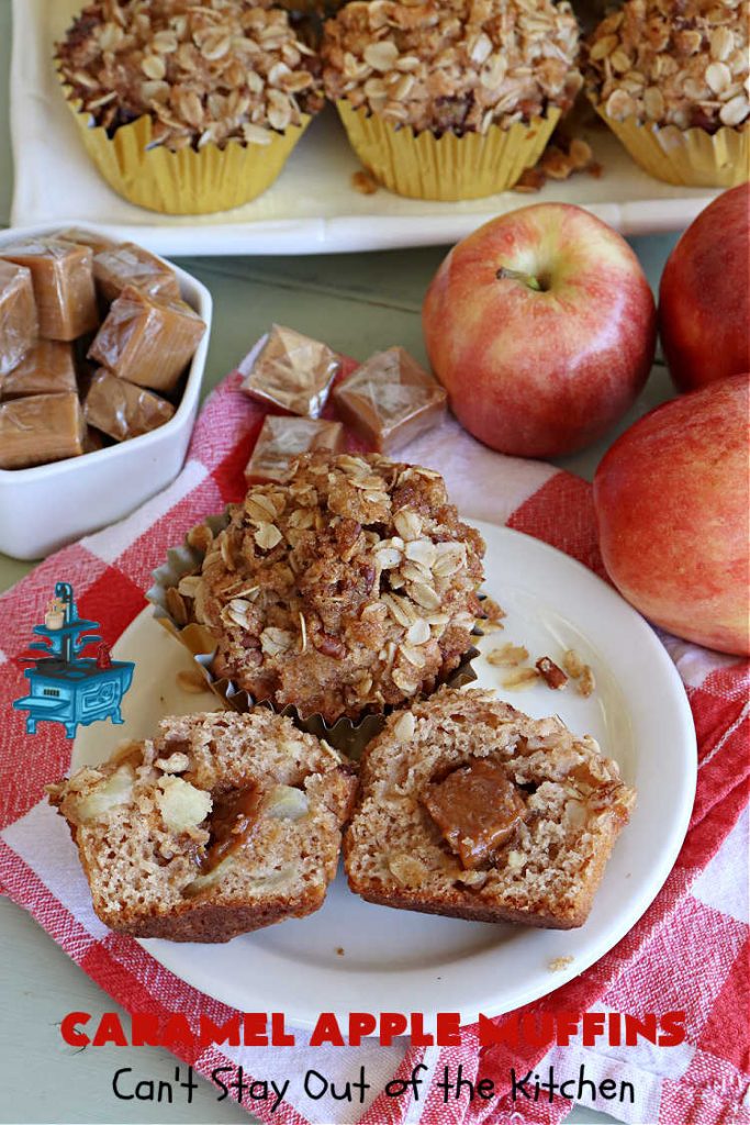 Caramel Apple Muffins | Can't Stay Out of the Kitchen | these luscious #muffins have a surprise ingredient in the middle--#caramels! They burst with flavor & are rich, decadent & heavenly for a weekend, company or #holiday #breakfast. #apples #streusel #HolidayBreakfast #CaramelApples #CaramelAppleMuffins