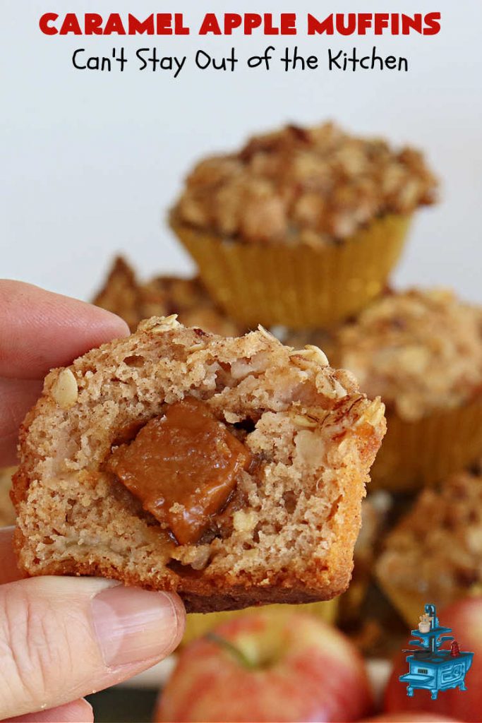 Caramel Apple Muffins | Can't Stay Out of the Kitchen | these luscious #muffins have a surprise ingredient in the middle--#caramels! They burst with flavor & are rich, decadent & heavenly for a weekend, company or #holiday #breakfast. #apples #streusel #HolidayBreakfast #CaramelApples #CaramelAppleMuffins