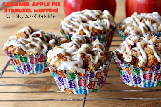 Caramel Apple Pie Streusel Muffins | Can't Stay Out of the Kitchen | these spectacular #muffins taste like eating #CandiedApples but in muffin form! The #recipe includes #CaramelApple #GreekYogurt. Perfect for a #holiday, company or weekend #breakfast. #apples #HolidayBreakfast #EasterBreakfast #MothersDayBreakfast