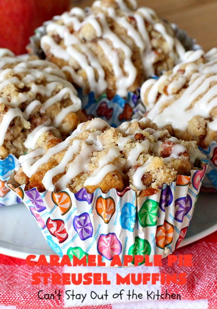 Caramel Apple Pie Streusel Muffins | Can't Stay Out of the Kitchen | these spectacular #muffins taste like eating #CandiedApples but in muffin form! The #recipe includes #CaramelApple #GreekYogurt. Perfect for a #holiday, company or weekend #breakfast. #apples #HolidayBreakfast #EasterBreakfast #MothersDayBreakfast