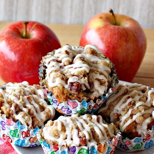 Caramel Apple Pie Streusel Muffins | Can't Stay Out of the Kitchen | these spectacular #muffins taste like eating #CandiedApples but in muffin form! The #recipe includes #CaramelApple #GreekYogurt. Perfect for a #holiday, company or weekend #breakfast. #apples #HolidayBreakfast #EasterBreakfast #MothersDayBreakfast
