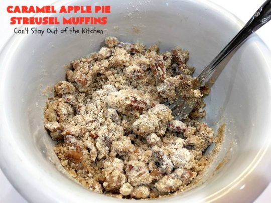 Caramel Apple Pie Streusel Muffins | Can't Stay Out of the Kitchen | these spectacular #muffins taste like eating #CandiedApples but in muffin form! The #recipe includes #CaramelApple #GreekYogurt. Perfect for a #holiday, company or weekend #breakfast. #apples #HolidayBreakfast #EasterBreakfast #MothersDayBreakfast